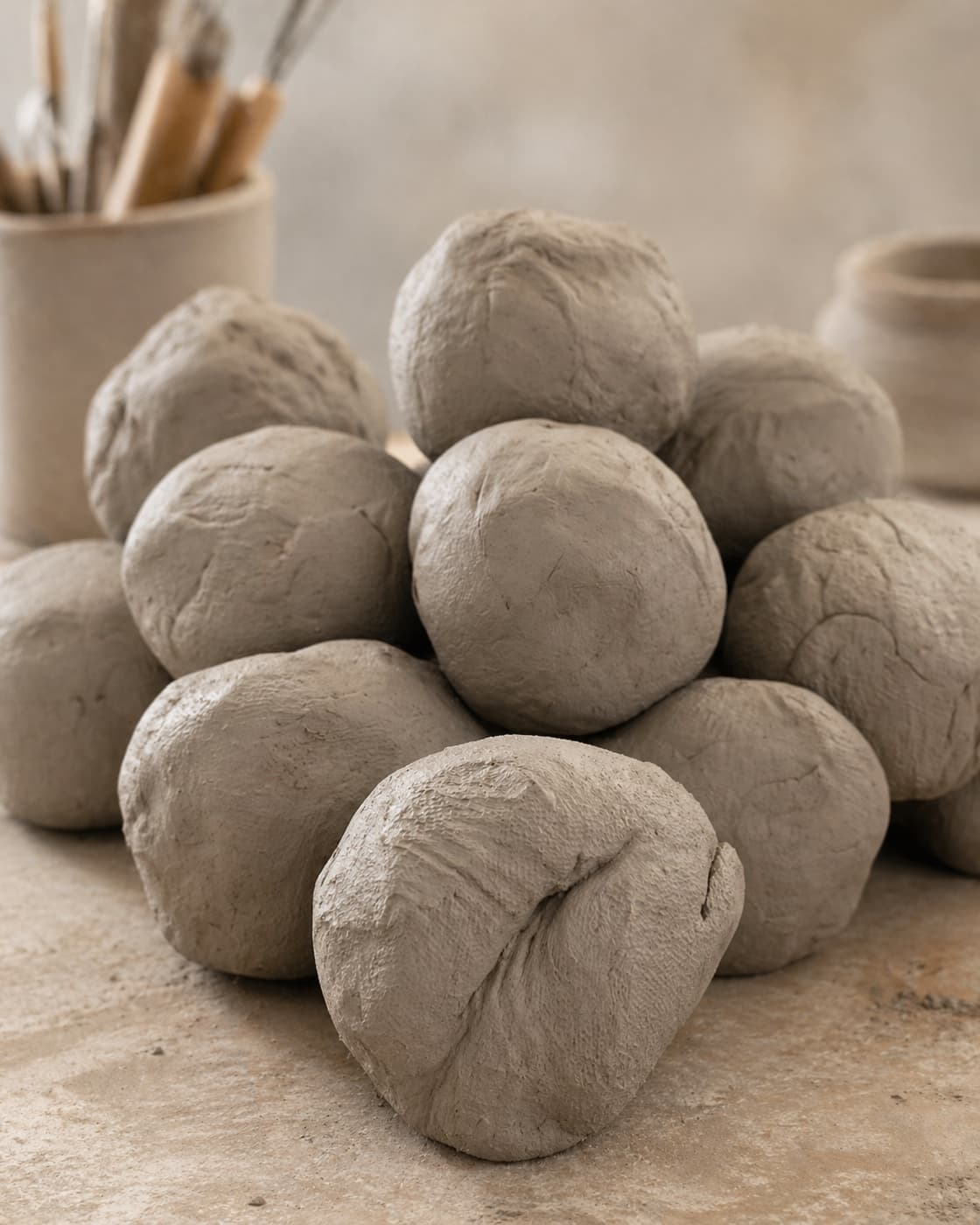 A pile of freshly wedged stoneware clay balls resting on a textured studio surface, with a jar of brushes and a small pot in the soft-focus background.