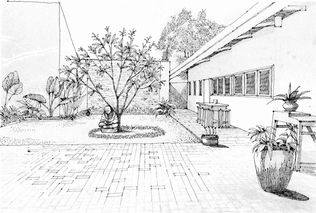 Pen-and-ink sketch of the Redcocoon studio courtyard: a seated figure beneath a young tree at the centre of brick paving, planted beds and tropical foliage to the left, a tiled-roof verandah with windows running along the right.