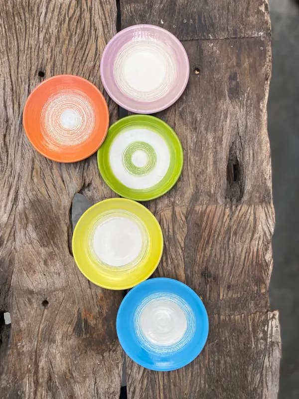 Five colorful ceramic plates with concentric circle patterns on a rustic weathered wood surface.