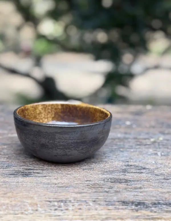 Small handmade ceramic bowl with a textured black metallic exterior and a speckled golden-brown interior glaze.