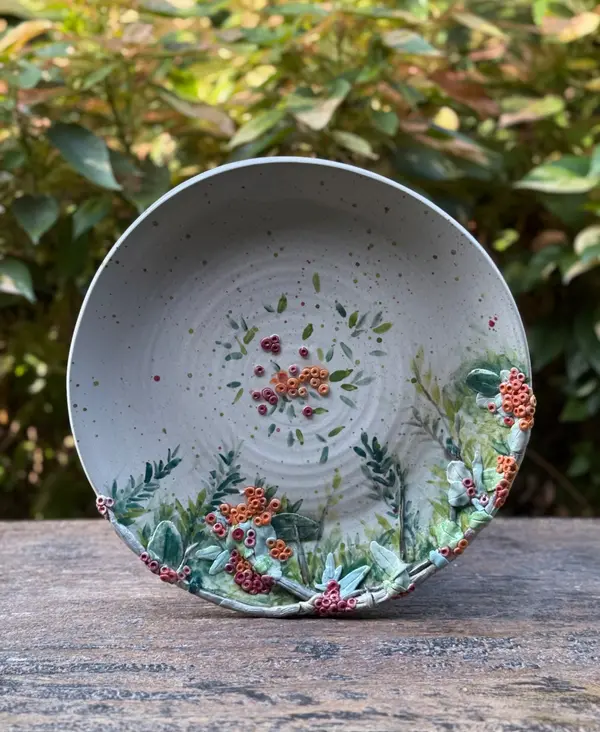 White speckled ceramic plate featuring sculpted 3D green leaves and small orange and red clay berries.