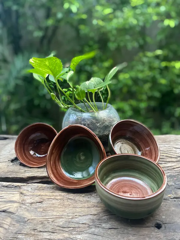 Four glazed ceramic bowls in brown and dark green tones displayed on a rustic wooden surface with greenery behind.